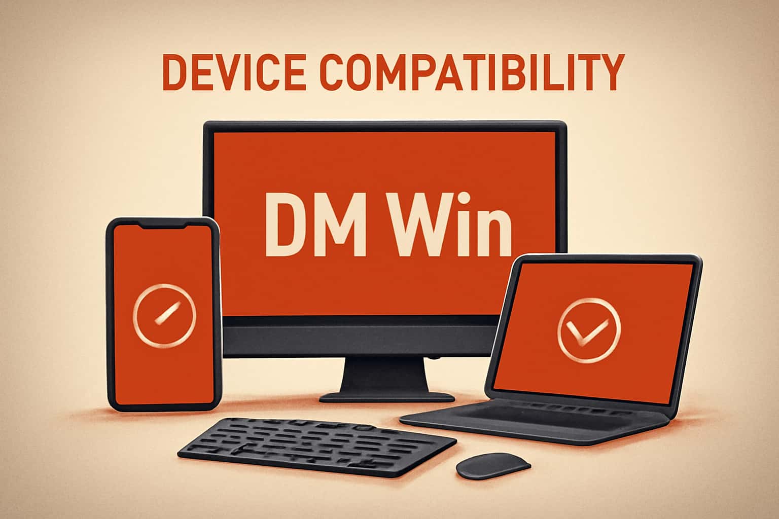 Visual representation of device compatibility for DM Win with a futuristic theme.
