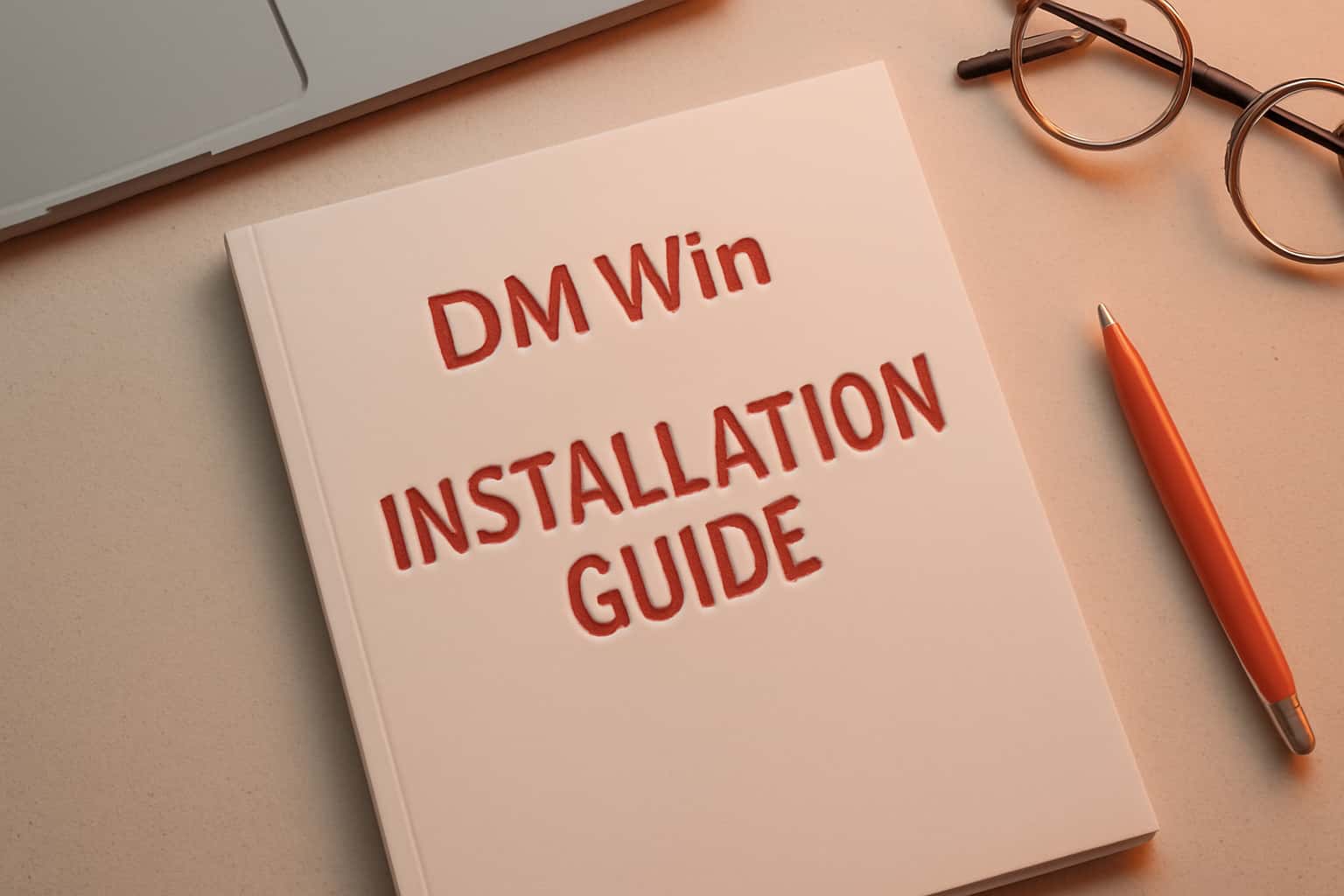 A professional illustration of the DM Win Installation Guide in a neutral setting.