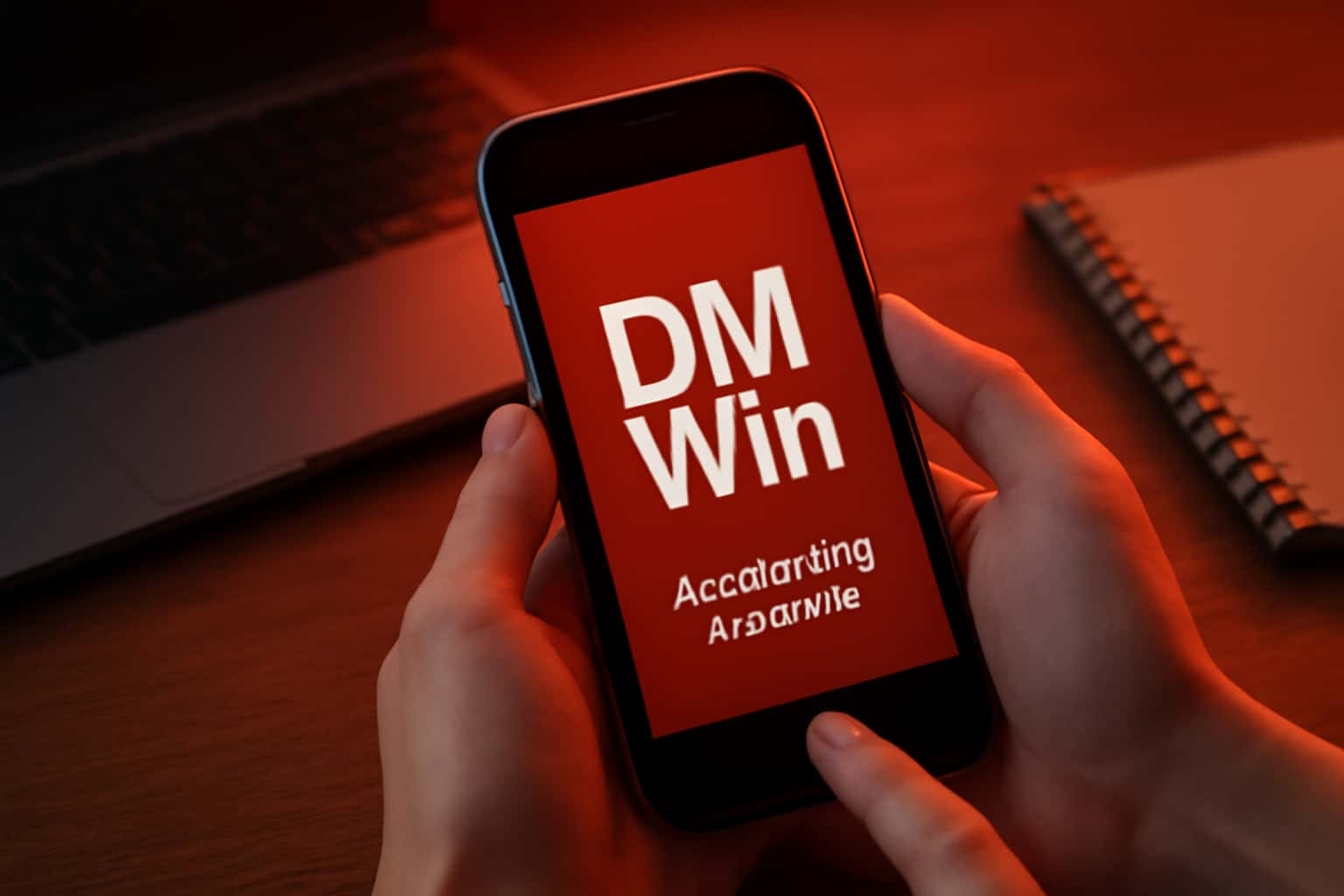 An informational scene featuring the text 'DM Win' prominently with #c4181a accents.