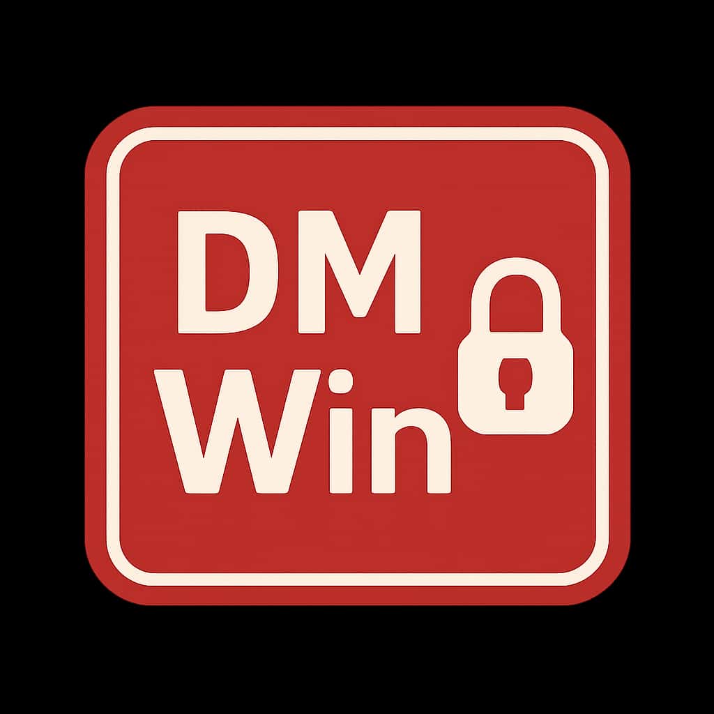 A badge symbolizing DM Win login security with the text DM Win featured clearly.