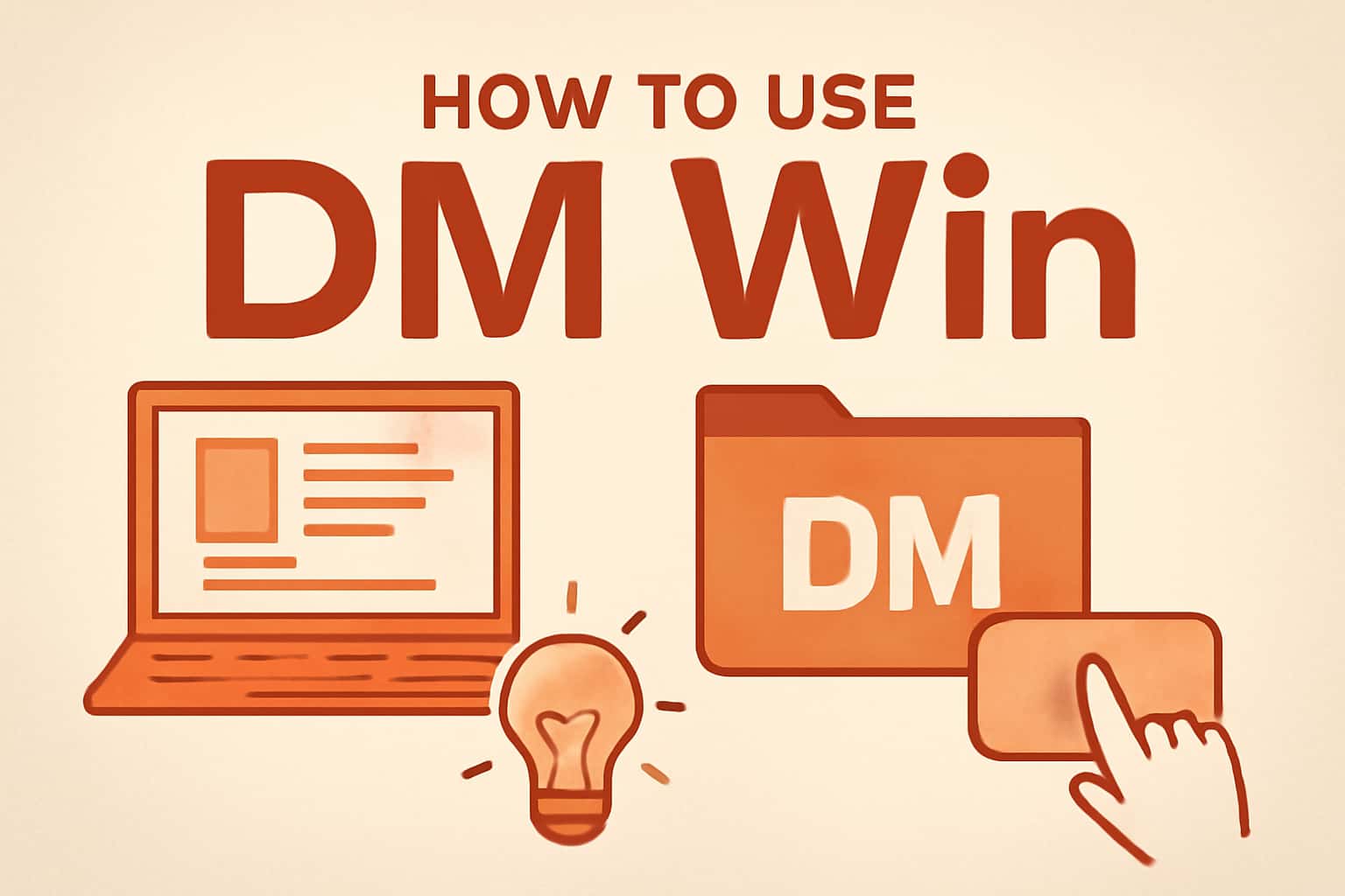 A scene illustrating the functionality of DM Win with the text 'How to Use DM Win' prominently displayed.
